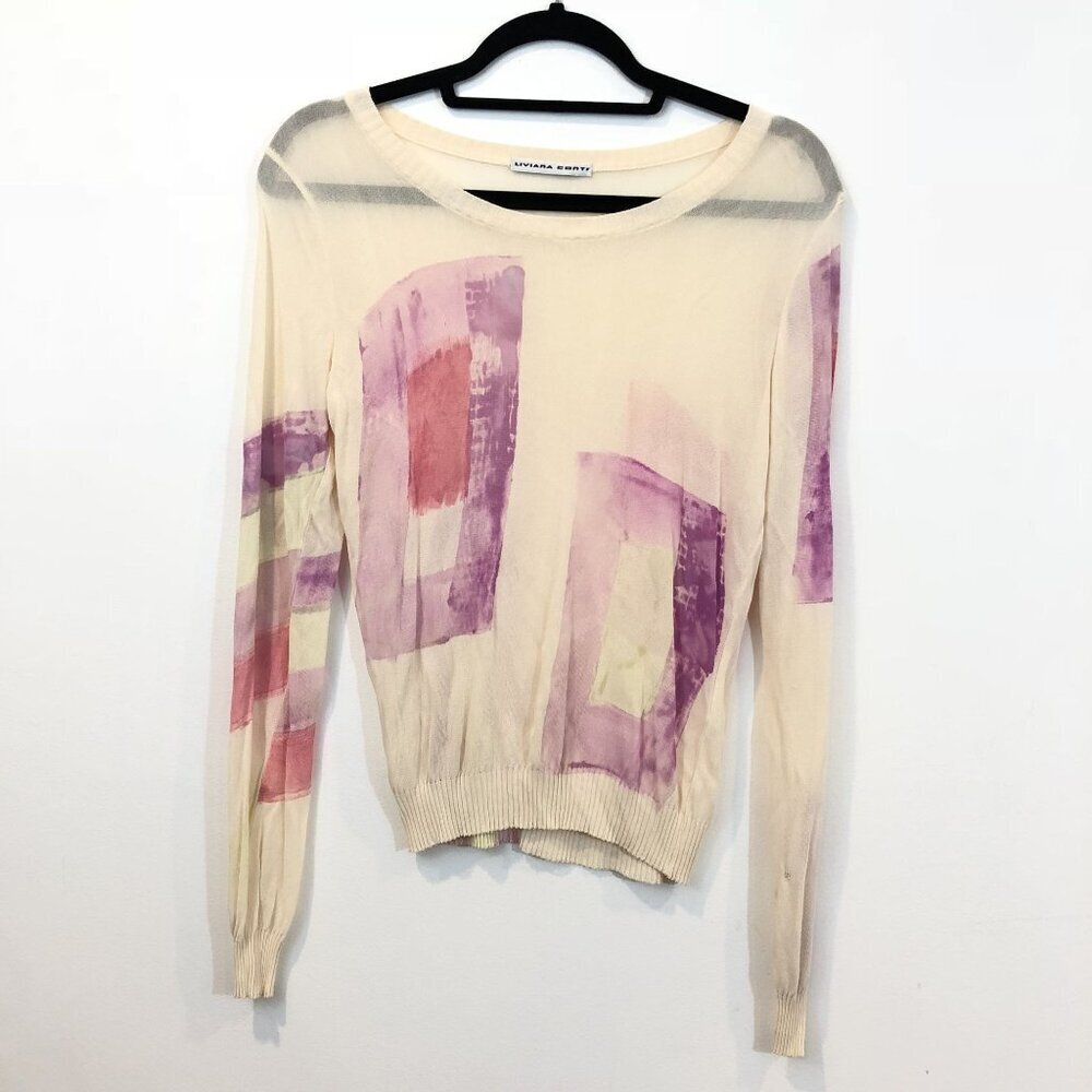 Liviana Conti Womens Abstract Print Long-Sleeve Sheer Sweater Top Size M READ